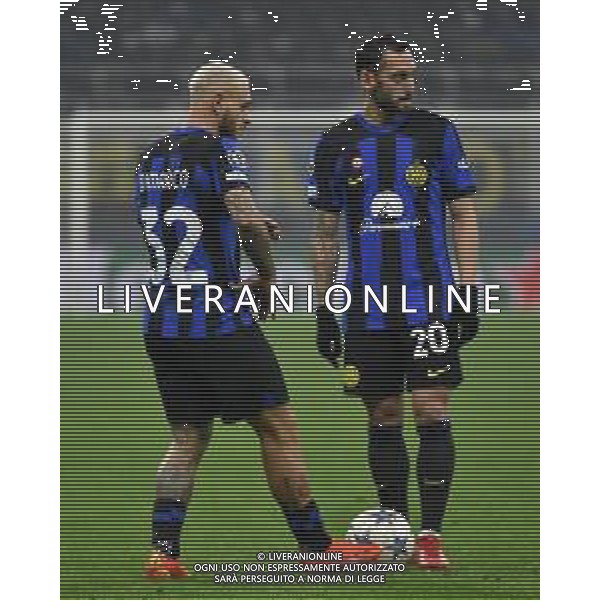 Inter vs Real Sociedad nella foto Federico Dimarco (Inter) SX e Hakan Calhanoglu (Inter) DX Milano 12-12-2023 Stadio Giuseppe Meazza - San Siro UEFA Champions League fase a gironi 6a giornata - Gruppo D foto Roberto Garavaglia/ag. Aldo Liverani sas/AGENZIA ALDO LIVERANI SAS
