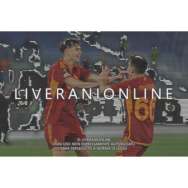 Roma vs Sheriff Tiraspol - Europa League - 6 giornata - Stadio Olimpico - Roma 14-12-2023 nella foto Esultanza dopo gol Niccolo\' Pisilli con Mannini ©Federico Gaetano / AGENZIA ALDO LIVERANI SAS