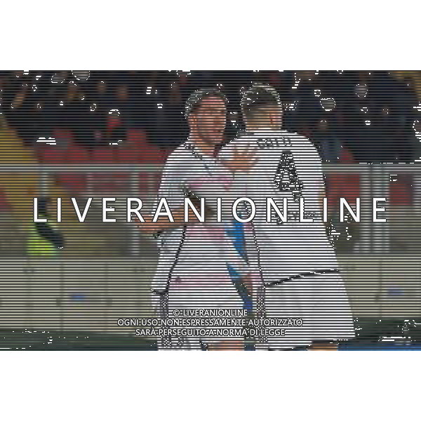 Dusan Vlahovic of Juventus celebrates after scoring a goal with Federico Gatti of Juventus during the Italian soccer Serie A match US Lecce vs Juventus on January 21, 2024 at Via del Mare Stadium in Lecce, Italy. Photo by Emmanuele Mastrodonato/ag. Aldo Liverani sas