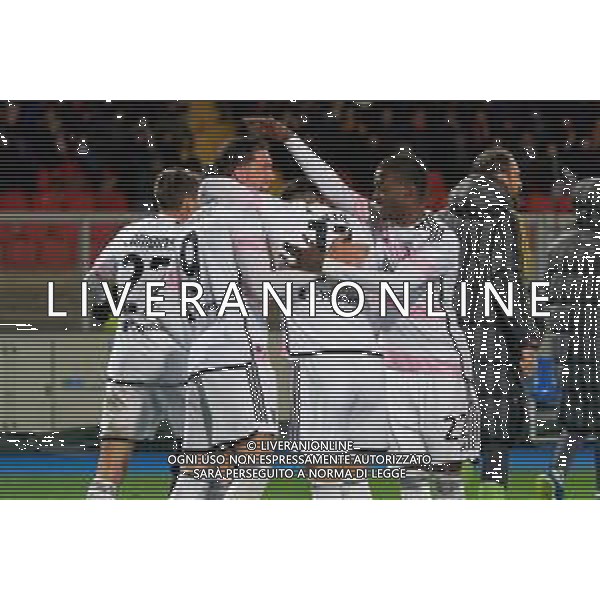 Dusan Vlahovic of Juventus celebrates after scoring a goal with Filip Kostic and Timothy Weah of Juventus during the Italian soccer Serie A match US Lecce vs Juventus on January 21, 2024 at Via del Mare Stadium in Lecce, Italy. Photo by Emmanuele Mastrodonato/ag. Aldo Liverani sas