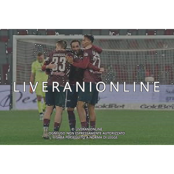 Paolo Rozzio of Reggiana, Domen Crnigoj of Reggiana and Alessandro Marcandalli of Reggiana celebrates the victory during the Italian Serie B match SSC Bari vs AC Reggiana 1919 on January 27, 2024 at the San Nicola stadium in Bari, Italy. Photo by Emmanuele Mastrodonato/ag. Aldo Liverani sas