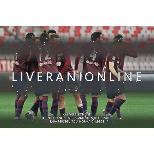 Riccardo Fiamozzi of Reggiana celebrates after scoring a goal with teammates during the Italian Serie B match SSC Bari vs AC Reggiana 1919 on January 27, 2024 at the San Nicola stadium in Bari, Italy. Photo by Emmanuele Mastrodonato/ag. Aldo Liverani sas