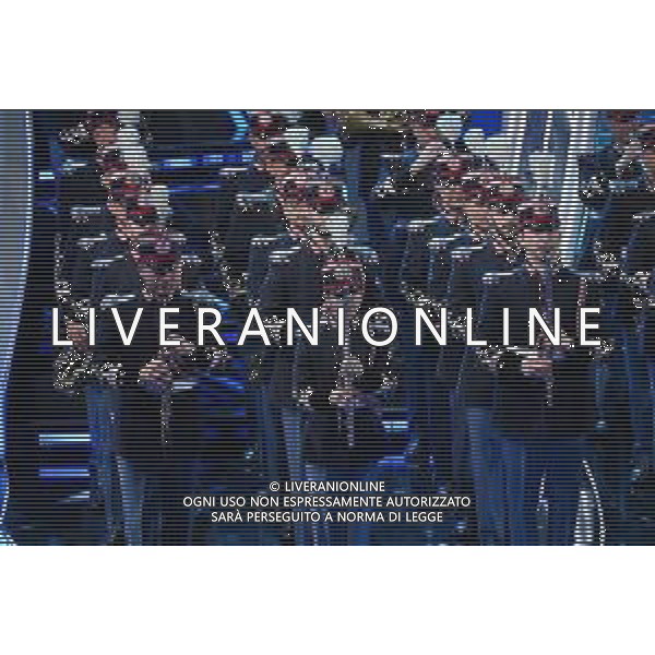 Festival Sanremo 2024 nella foto Banda Esercito Italiano esegue l\'Inno Nazionale 74mo Festival della Canzone Italiana - Quinta Serata Teatro Ariston - Sanremo (IM) 10-02-2024 foto Roberto Garavaglia/agenzia Aldo Liverani sas/AGENZIA ALDO LIVERANI SAS