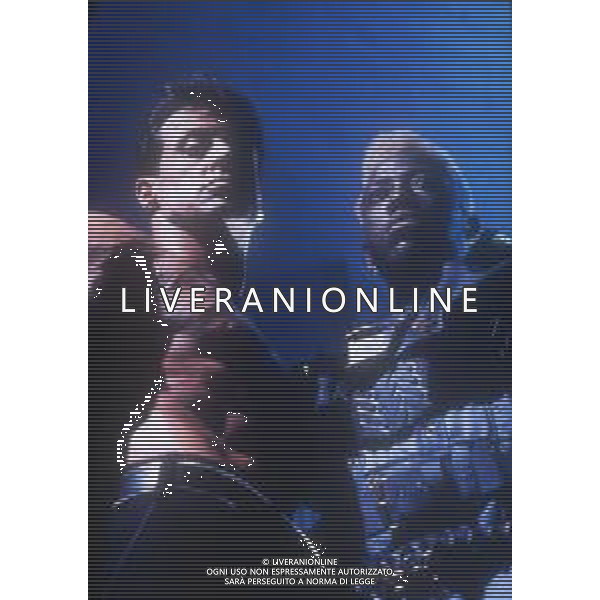 DIAP-RETROSPETTIVA SILVESTER STALLONE ATTORE NELLA FOTO SILVESTER STALLONE NEL FILM“DEMOLITION MAN“ NELL\'ANNO 1993 CON WESLEY SNIPES AG ALDO LIVERANI SAS 