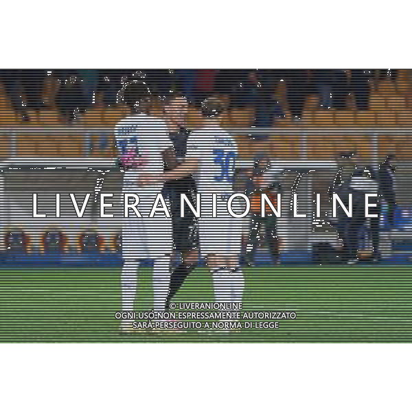 TVEM Emil Audero FC Inter, Yann Aurel Bisseck of FC Inter and Carlos Augusto of FC Inter celebrates the victory during the Italian soccer Serie A match Lecce vs Inter on February 25, 2024 at Via del Mare Stadium in Lecce, Italy. Photo by Emmanuele Mastrodonato/agenzia Liverani