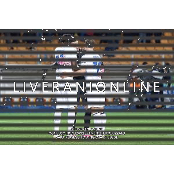 TVEM Emil Audero FC Inter, Yann Aurel Bisseck of FC Inter and Carlos Augusto of FC Inter celebrates the victory during the Italian soccer Serie A match Lecce vs Inter on February 25, 2024 at Via del Mare Stadium in Lecce, Italy. Photo by Emmanuele Mastrodonato/agenzia Liverani
