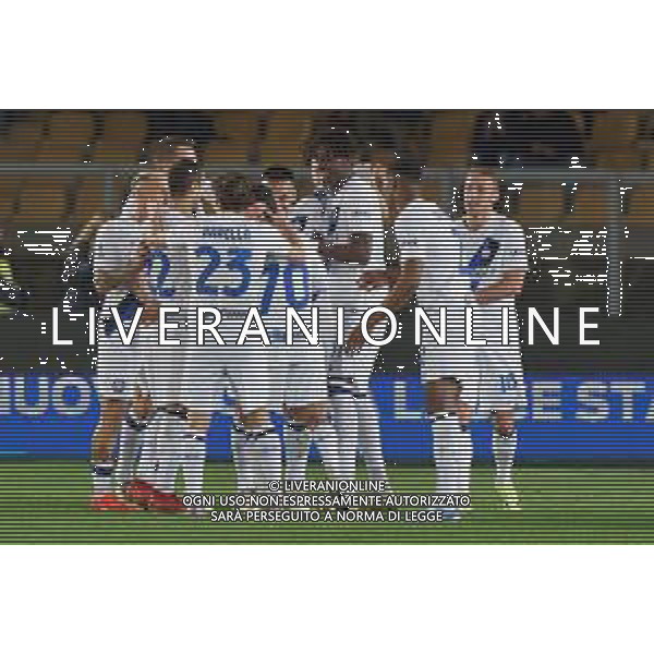 TVEM Lautaro Martínez of FC Inter celebrates after scoring a goal with teammates during the Italian soccer Serie A match Lecce vs Inter on February 25, 2024 at Via del Mare Stadium in Lecce, Italy. Photo by Emmanuele Mastrodonato/agenzia Liverani