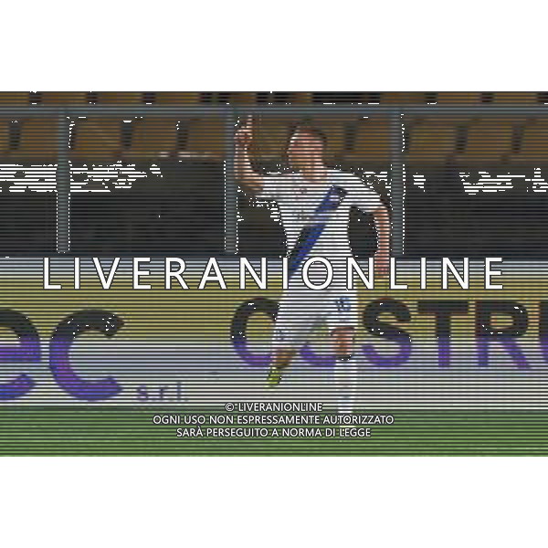 TVEM Davide Frattesi of FC Inter celebrates after scoring a goal during the Italian soccer Serie A match Lecce vs Inter on February 25, 2024 at Via del Mare Stadium in Lecce, Italy. Photo by Emmanuele Mastrodonato/agenzia Liverani