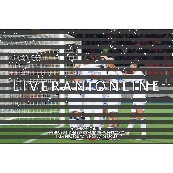 TVEM Lautaro Martínez of FC Inter celebrates after scoring a goal with teammates during the Italian soccer Serie A match Lecce vs Inter on February 25, 2024 at Via del Mare Stadium in Lecce, Italy. Photo by Emmanuele Mastrodonato/agenzia Liverani