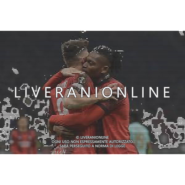 Milan vs Slavia Praga nella foto Olivier Giroud (Milan) e Rafael Leao (Milan) esultano dopo il gol dell\'1 a 0 Milano 07-03-2024 Stadio Giuseppe Meazza - San Siro UEFA Europa League - ottavi di finale gara di andata foto Roberto Garavaglia/Agenzia Aldo Liverani sas/AGENZIA ALDO LIVERANI SAS