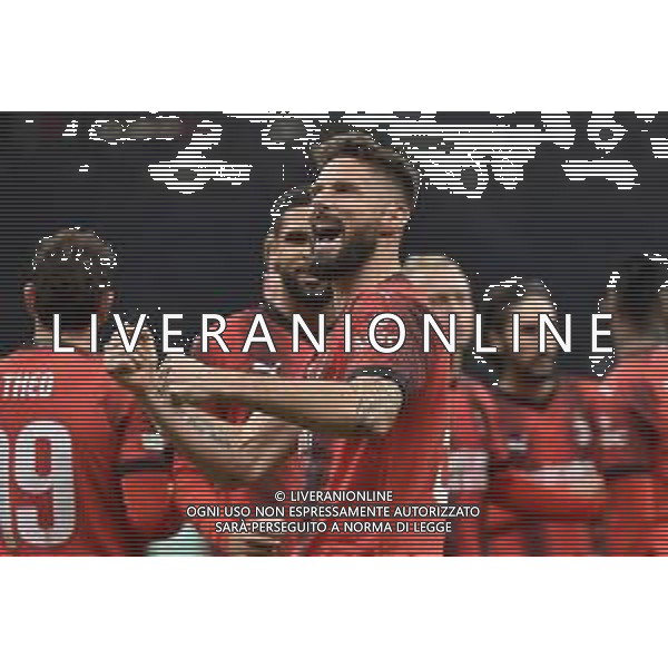Milan vs Slavia Praga nella foto Olivier Giroud (Milan) esulta dopo il gol dell\'1 a 0 Milano 07-03-2024 Stadio Giuseppe Meazza - San Siro UEFA Europa League - ottavi di finale gara di andata foto Roberto Garavaglia/Agenzia Aldo Liverani sas/AGENZIA ALDO LIVERANI SAS