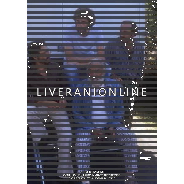 DIAP-RETROSPETTIVA NANNI MORETTI REGISTA NELLA FOTO NANNI MORETTI A VENEZIA NELL\'ANNO 1981 CON GIORGIO HABER RENZO ROSSELLINI E GIGIO MORRA CAST DEL FILM SOGNI D\'ORO AG ALDO LIVERANI SAS