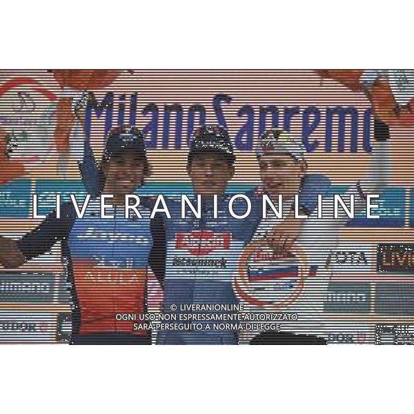 16-03-2024 Milano - Sanremo; 2024, Alpecin - Deceuninck; 2024, Jayco Alula; 2024, Uae Team Emirates; Philipsen, Jasper; Matthews, Michael; Pogacar, Tadej; Sanremo; ©SIROTTI / AGENZIA ALDO LIVERANI SAS