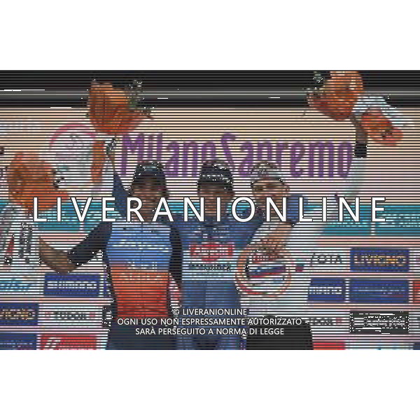 16-03-2024 Milano - Sanremo; 2024, Alpecin - Deceuninck; 2024, Jayco Alula; 2024, Uae Team Emirates; Philipsen, Jasper; Matthews, Michael; Pogacar, Tadej; Sanremo; ©SIROTTI / AGENZIA ALDO LIVERANI SAS