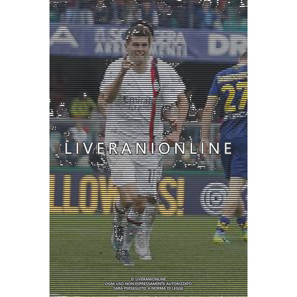 Esultanza dopo gol - Christian Pulisic of AC Milan. celebrates after scoring during Hellas Verona FC vs AC Milan, 29° Serie A Tim 2023-24 game at Marcantonio Bentegodi Stadium in Verona (VR), Italy, on March 17, 2024. (Photo by Davide Casentini)/ AGENZIA ALDO LIVERANI SAS