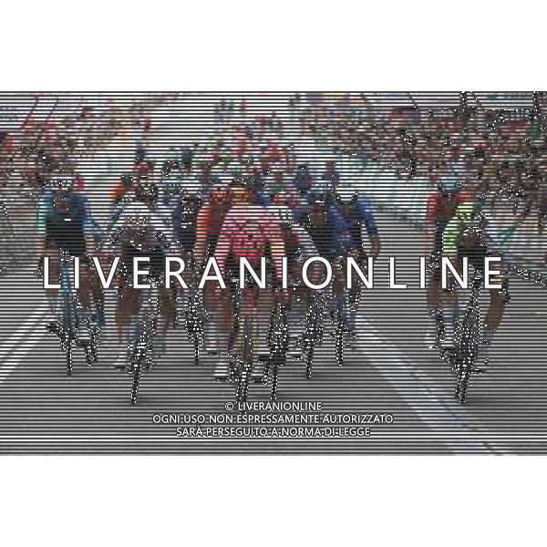 The bunch at 300m to go, Marijn Van Den Berg Ef Education First Easypost in pink ©SIROTTI / AGENZIA ALDO LIVERANI SAS