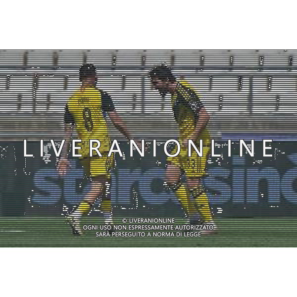 TVEM Arturo Calabresi of Pisa celebrates after scoring a goal with Marius Marin of Pisa on April 20, 2024 at the San Nicola stadium in Bari, Italy. Photo by Emmanuele Mastrodonato/agenzia Aldo Liverani sas/ AGENZIA ALDO LIVERANI SAS