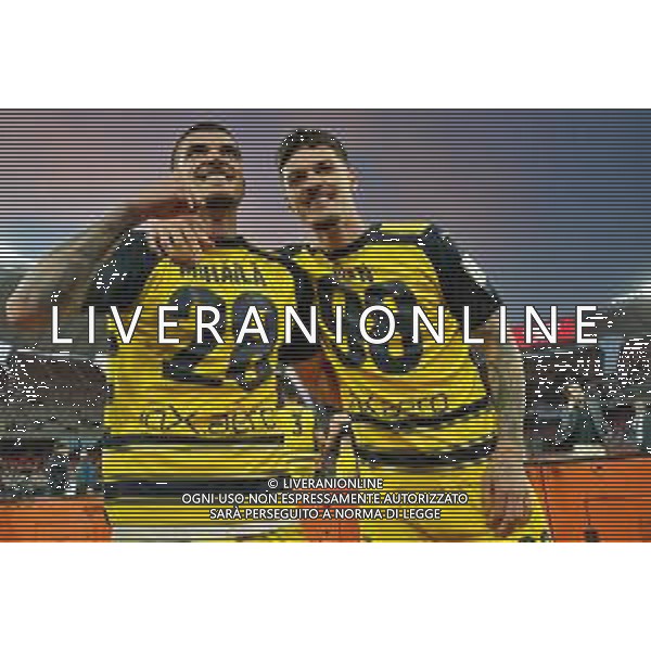 Valentin Mihaila of Parma Calcio and Dennis Man of Parma Calcio celebrates the victory during the Italian Serie B match SSC Bari vs Parma on May 01, 2024 at the San Nicola stadium in Bari, Italy. Photo by Emmanuele Mastrodonato/agenzia Aldo Liverani sas/ AGENZIA ALDO LIVERANI SAS