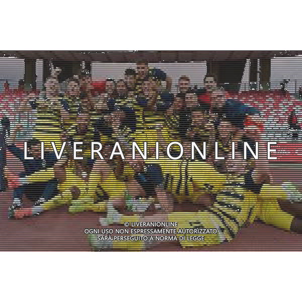 TVEM The Parma Calcio players are celebrating their mathematical promotion to Serie A at the end of the Serie B match on the SSC Bari field in Bari, Italy, on May 1, 2024. Photo by Emmanuele Mastrodonato/agenzia Aldo Liverani sas / AGENZIA ALDO LIVERANI SAS