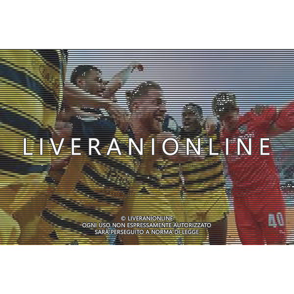 TVEM The Parma Calcio players are celebrating their mathematical promotion to Serie A at the end of the Serie B match on the SSC Bari field in Bari, Italy, on May 1, 2024. Photo by Emmanuele Mastrodonato/agenzia Aldo Liverani sas / AGENZIA ALDO LIVERANI SAS