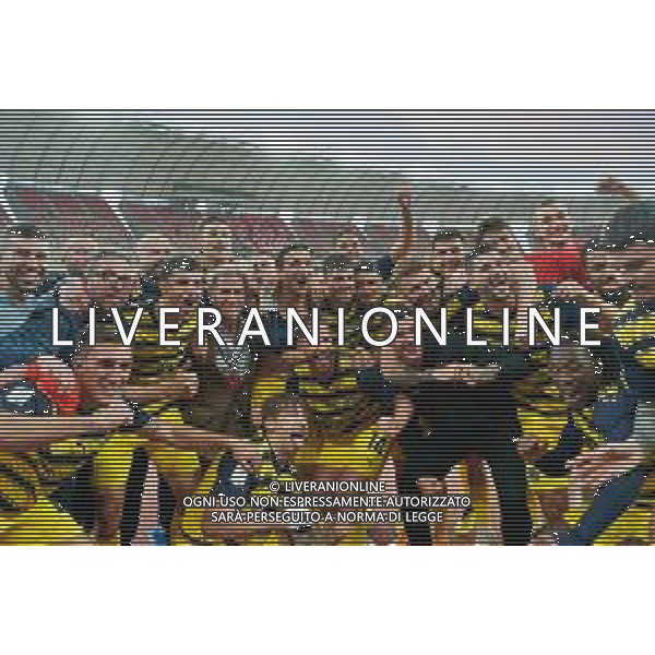 TVEM The Parma Calcio players and Parma Calcio president Kyle Krause are celebrating their mathematical promotion to Serie A at the end of the Serie B match on the SSC Bari field in Bari, Italy, on May 1, 2024. Photo by Emmanuele Mastrodonato/agenzia Aldo Liverani sas / AGENZIA ALDO LIVERANI SAS