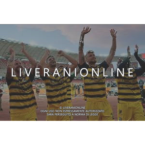 TVEM The Parma Calcio players are celebrating their mathematical promotion to Serie A at the end of the Serie B match on the SSC Bari field in Bari, Italy, on May 1, 2024. Photo by Emmanuele Mastrodonato/agenzia Aldo Liverani sas / AGENZIA ALDO LIVERANI SAS