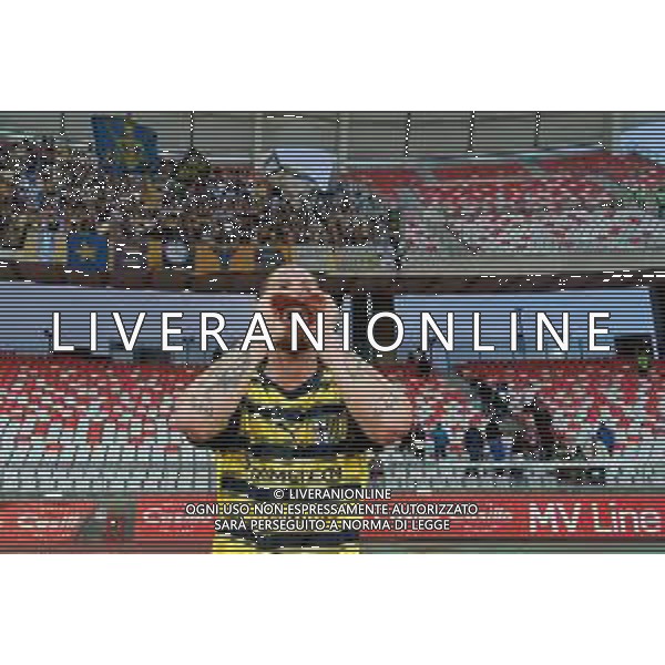 TVEM Cristian Ansaldi of Parma Calcio are celebrating their mathematical promotion to Serie A at the end of the Serie B match on the SSC Bari field in Bari, Italy, on May 1, 2024. Photo by Emmanuele Mastrodonato/agenzia Aldo Liverani sas / AGENZIA ALDO LIVERANI SAS
