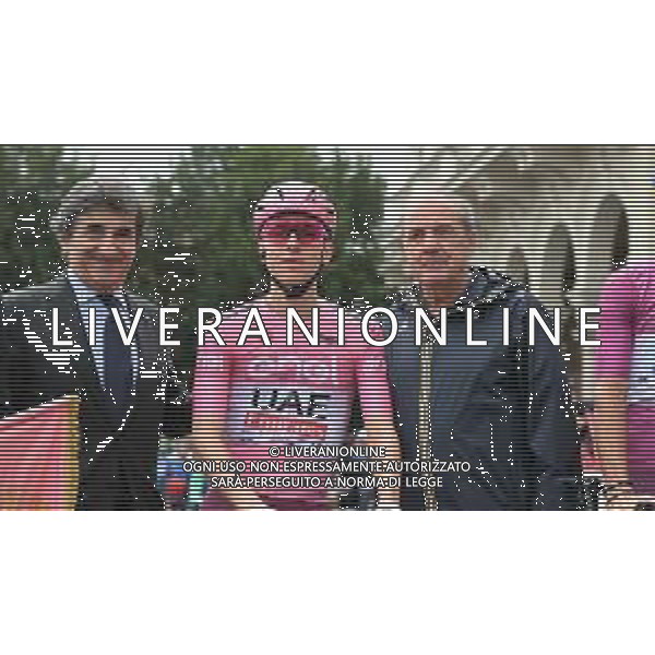 06-05-2024 Giro D\'italia; Tappa 03 Novara - Fossano; 2024, Uae Team Emirates; Pogacar, Tadej; Cairo, Urbano; Vegni, Mauro; Novara; ©SANNA / AGENZIA ALDO LIVERANI