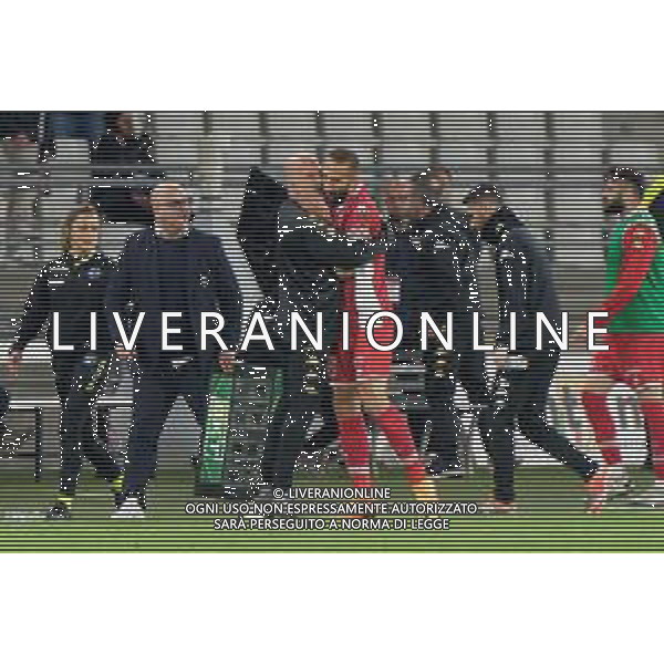 TVEM Valerio Di Cesare of SSC Bari celebrates after scoring a goal with coach Federico Giampaolo of SSC Bari during the Italian Serie BKT match between SSC Bari vs Brescia Calcio on 10 May 2024 at the San Nicola stadium in Bari, Italy. Photo by Emmanuele Mastrodonato/ag. Aldo Liverani sas/ AGENZIA ALDO LIVERANI SAS