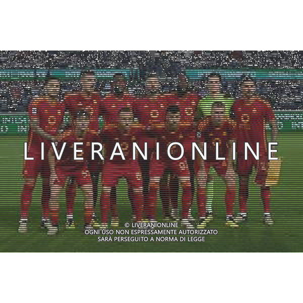 TVRG Atalanta vs Roma nella foto formazione Roma, in piedi da SX Leandro Paredes, Gianluca Mancini, Obite Evan N\'Dicka, Bryan Cristante, Romelu Lukaku, Mile Svilar e Lorenzo Pellegrini; in basso da SX Tommaso Baldanzi, Josè Tasende Angelino, Stephan El Shaarawy e Rasmus Kristensen Bergamo 12-05-2024 Gewiss Stadium Campionato Serie A TIM - 36a giornata foto Roberto Garavaglia/Agenzia Aldo Liverani sas