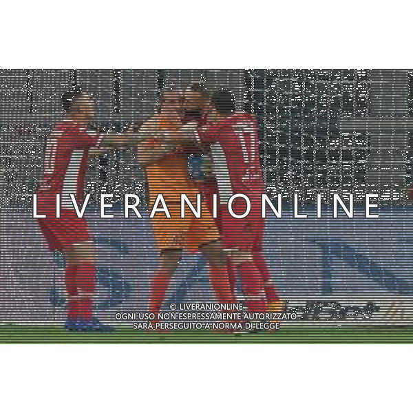 TVEM Marco Pissardo of SSC Bari celebrates with Valerio Di Cesare, Raffaele Maiello and Nicola Bellomo of SSC Bari after saving a penalty during the Italian Serie BKT playout match between SSC Bari and Ternana Calcio on 16 May 2024 at the San Nicola stadium in Bari, Italy. Photo by Emmanuele Mastrodonato/ag. Aldo Liverani s.a.s. / AGENZIA ALDO LIVERANI SAS