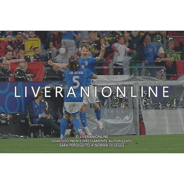 TVEM Nicolo Barella of Italy celebrates after scoring a goal with Riccardo Calafiori of Italy during the UEFA EURO 2024 group stage match between Albania and Italy at Westfalenstadion on June 15, 2024 in Dortmund, Germany. Photo by Emmanuele Mastrodonato/ag. Aldo Liverani sas