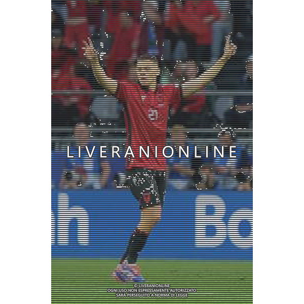 TVEM Kristjan Asllani of Albania celebrates during the UEFA EURO 2024 group stage match between Albania and Italy at Westfalenstadion on June 15, 2024 in Dortmund, Germany. Photo by Emmanuele Mastrodonato/ag. Aldo Liverani sas