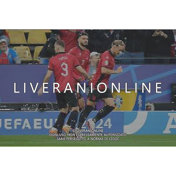 TVEM Mario Mitaj of Albania and Armando Broja of Albania celebrates during the UEFA EURO 2024 group stage match between Albania and Italy at Westfalenstadion on June 15, 2024 in Dortmund, Germany. Photo by Emmanuele Mastrodonato/ag. Aldo Liverani sas
