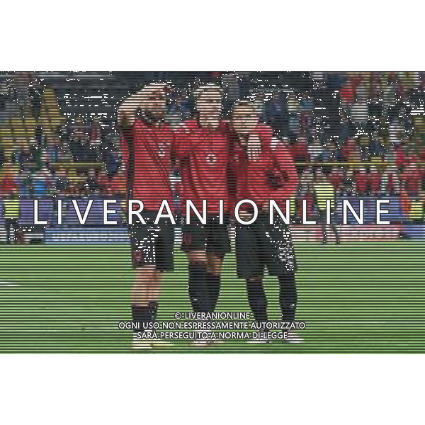 TVEM Arlind Ajeti of Albania, Ardian Ismajli of Albania and Amir Abrashi of Albania look the fans during the UEFA EURO 2024 group stage match between Albania and Italy at Westfalenstadion on June 15, 2024 in Dortmund, Germany. Photo by Emmanuele Mastrodonato/ag. Aldo Liverani sas