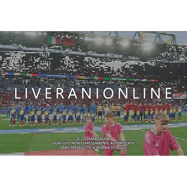 TVEM Italy and Albania teams lined up during the UEFA EURO 2024 group stage match between Albania and Italy at Westfalenstadion on June 15, 2024 in Dortmund, Germany. Photo by Emmanuele Mastrodonato/ag. Aldo Liverani sas