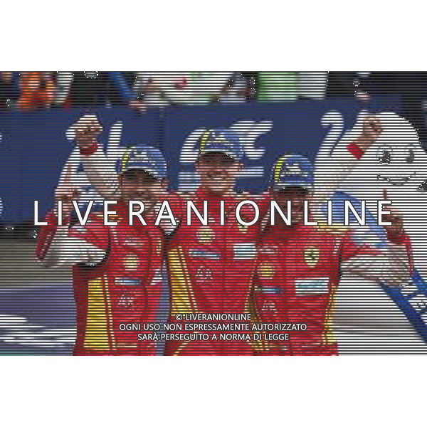 Race winners Antonio Fuoco (ITA) / Miguel Molina (ESP) / Nicklas Nielsen (DEN) #50 Ferrari AF Corse, celebrate at the end of the race in parc ferme. 16.06.2024. FIA World Endurance Championship, Round 4, Le Mans 24 Hours, Race, Le Mans, France, Sunday. - www.xpbimages.com, EMail: requests@xpbimages.com - Copyright: Moy / XPB Images AG ALDO LIVERANI SAS-ONLY ITALY