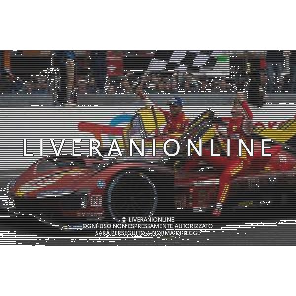 Race winners Antonio Fuoco (ITA) / Miguel Molina (ESP) / Nicklas Nielsen (DEN) #50 Ferrari AF Corse, Ferrari 499P celebrate at the end of the race. 16.06.2024. FIA World Endurance Championship, Round 4, Le Mans 24 Hours, Race, Le Mans, France, Sunday. - www.xpbimages.com, EMail: requests@xpbimages.com - Copyright: Price / XPB Images AG ALDO LIVERANI SAS-ONLY ITALY