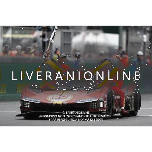 Race winners Antonio Fuoco (ITA) / Miguel Molina (ESP) / Nicklas Nielsen (DEN) #50 Ferrari AF Corse, Ferrari 499P celebrate at the end of the race. 16.06.2024. FIA World Endurance Championship, Round 4, Le Mans 24 Hours, Race, Le Mans, France, Sunday. - www.xpbimages.com, EMail: requests@xpbimages.com - Copyright: Price / XPB Images AG ALDO LIVERANI SAS-ONLY ITALY