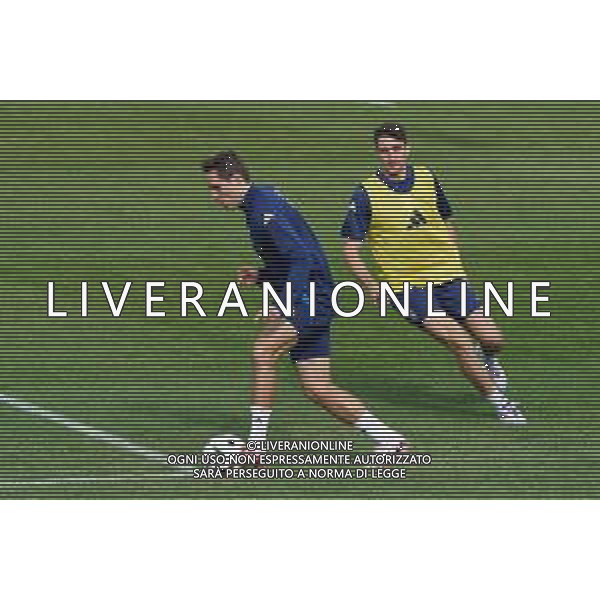 Federico Chiesa of Italy and Andrea Cambiaso of Italy during the training session at the team\'s base camp in Iserlohn, Germany on 17 June 2024, ahead of the second UEFA Euro 2024 football match. Photo by Emmanuele Mastrodonato/ag. Aldo Liverani sas