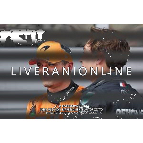 (L to R): Second placed Lando Norris (GBR) McLaren in qualifying parc ferme with third placed George Russell (GBR) Mercedes AMG F1. 29.06.2024. Formula 1 World Championship, Rd 11, Austrian Grand Prix, Spielberg, Austria, Sprint and Qualifying Day. - www.xpbimages.com, EMail: requests@xpbimages.com © Copyright: Batchelor / XPB Images/ AGENZIA ALDO LIVERANI SAS - ITALY ONLY EDITORIAL USE ONLY