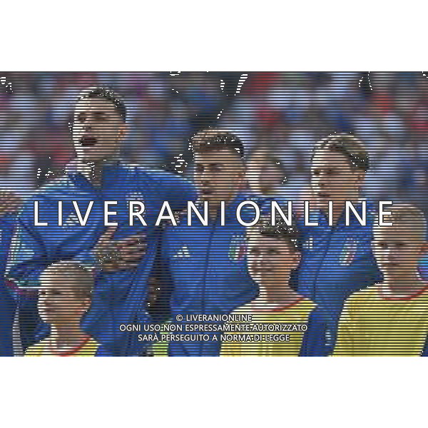 Svizzera vs Italia - UEFA EURO 2024 nella foto da SX Gianluca Scamacca (Italia), Stephan El Shaarawy (Italia) e Nicolò Fagioli (Italia) durante l\'Inno Nazionale Berlino (GER) 29-06-2024 Olympiastadion - Stadio Olimpico Campionato Europeo di Calcio - UEFA EURO 2024 ottavi di finale foto Roberto Garavaglia/Agenzia Aldo Liverani sas