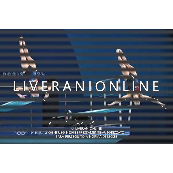 Olimpiadi Parigi 2024 nella foto la coppia statunitense, Sarah Bacon e Kassidy Cook Parigi (FRA) 27-07-2024 Finale della gara femminile di tuffi dal trampolino 3 metri sincronizzato foto Roberto Garavaglia/Agenzia Aldo Liverani sas