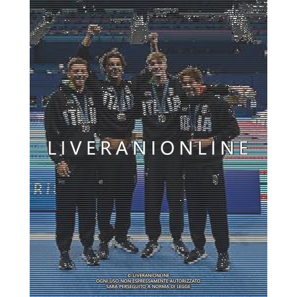 Olimpiadi Parigi 2024 - nuoto Nuoto finale 4x100m stile libero maschile nella foto Italia con la medaglia di bronzo Parigi 27-07-2024 Arena Parigi La Defense foto Roberto Garavaglia/Agenzia Aldo Liverani sas
