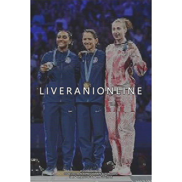 Olimpiadi Parigi 2024 - Scherma nella foto il podio, da SX Lauren Scruggs (USA), seconda, Lee Kiefer (USA) prima, ed Eleanor Harvey (CAN), terza Parigi (FRA) 28-07-2024 Grand Palais Premiazione fioretto femminile individuale foto Roberto Garavaglia/Agenzia Aldo Liverani sas