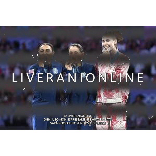 Olimpiadi Parigi 2024 - Scherma nella foto il podio, da SX Lauren Scruggs (USA), seconda, Lee Kiefer (USA) prima, ed Eleanor Harvey (CAN), terza Parigi (FRA) 28-07-2024 Grand Palais Premiazione fioretto femminile individuale foto Roberto Garavaglia/Agenzia Aldo Liverani sas