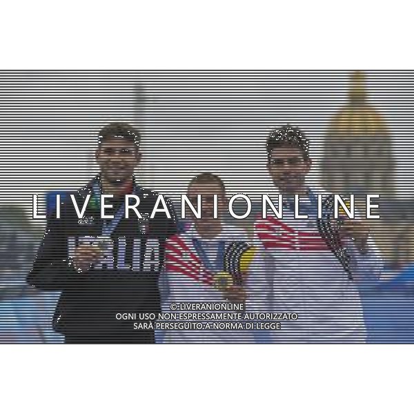 Filippo Ganna, Medaglia Argento Italia, Remco Evenepoel, Oro Belga, Wout van Aert, Bronzo Belga sul Podio Ciclismo Crono su Strada Olimpiadi Parigi (Francia) 27.07.2024 Agenzia ALDO LIVERANI SAS