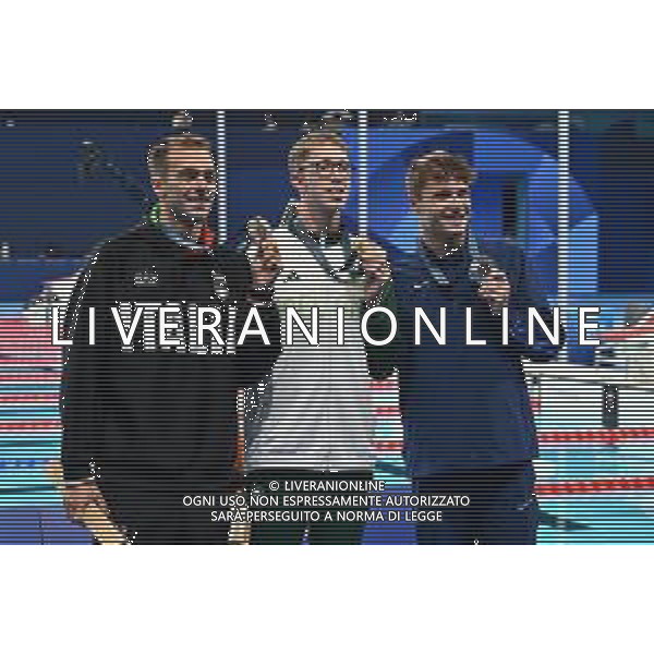 Olimpiadi Parigi 2024 - Nuoto nella foto il podio, da SX Gregorio Paltrinieri (ITA) terzo, Daniel Wiffen (IRL) primo e Bobby Finke (USA) secondo Parigi (FRA) 30-07-2024 Arena La Defense Finale degli 800m stile libero maschile foto Roberto Garavaglia/Agenzia Aldo Liverani sas