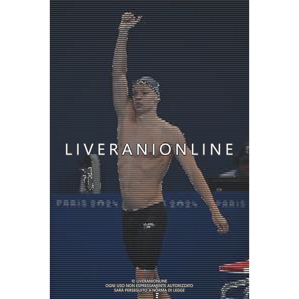Olimpiadi Parigi 2024 - Nuoto nella foto Leon Marchand (FRA) esulta dopo la vittoria della medaglia d\'oro Parigi (FRA) 31-07-2024 Arena La Defense Finale dei 200m farfalla maschile foto Roberto Garavaglia/Agenzia Aldo Liverani sas