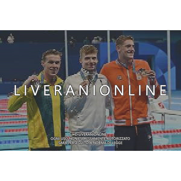 Olimpiadi Parigi 2024 - Nuoto nella foto il podio da SX Zac Stubblety-Cook (NED) secondo, Leon Marchand (FRA) primo e Caspar Corbeau (NED) terzo Parigi (FRA) 31-07-2024 Arena La Defense Finale dei 200m rana maschile foto Roberto Garavaglia/Agenzia Aldo Liverani sas